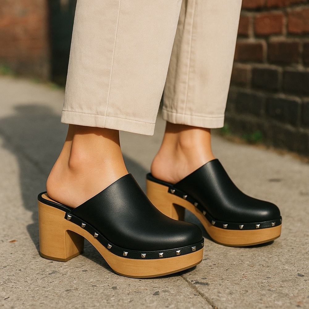 Steve Madden Black and Tan Mules with Wooden Soles